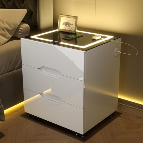 White Smart Nightstand with Wireless Charging Station & Adjustable LED Lights (White)