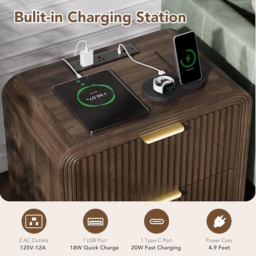 23'' Wide Fluted Nightstand Set of 2 with Charging Station (Walnut / 2 Drawers)