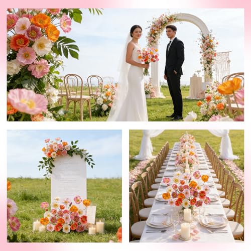 12PCS 36Heads Artificial Poppy Flowers with Stems (Orange+pink)