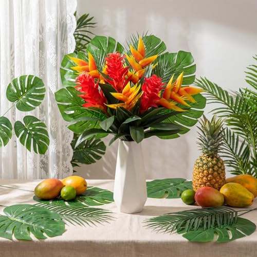 12 Pcs Artificial Tropical Bouquet Artificial Tropical Flowers Centerpieces for Tables Bromeliad Monstera Palm Leaves and Heliconia for Hawaiian Party Birthday Wedding Table Decor