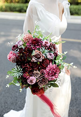 Artificial Flowers Combo Dahlia 25pcs Silk Fake Flowers Roses for DIY Wedding Bouquets Burgundy Centerpieces Arrangements Party Bridal Baby Shower Home Decorations (Burgundy)