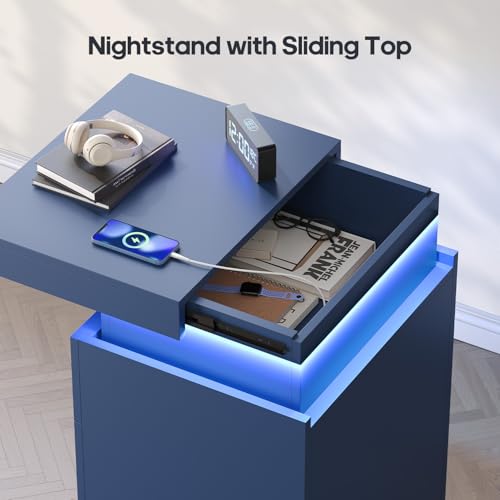 Navy Blue Modern Nightstand with LED Lights (Navy Blue)