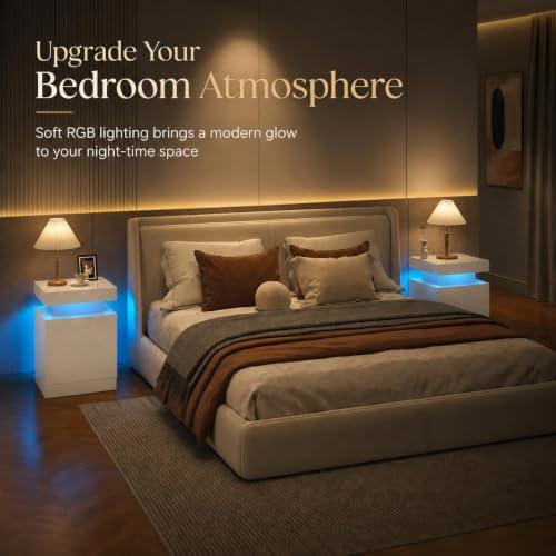 Nightstand Set of 2 with RGB LED Lights (White / 17.7 inch-2P)
