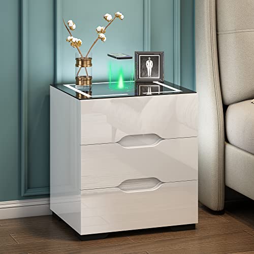 White Smart Nightstand with Wireless Charging Station & Adjustable LED Lights (White)