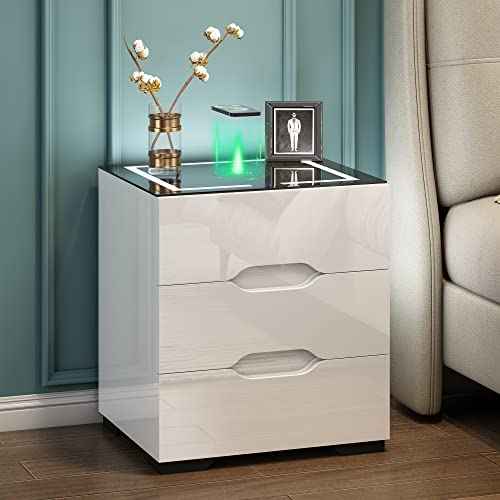 White Smart Nightstand with Wireless Charging Station & Adjustable LED Lights (White)