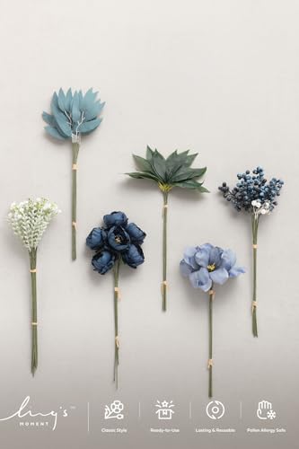 Navy Blue Fake Flowers Artificial Faux Greenery Stems 59pcs (Blu-dark Green & Navy)