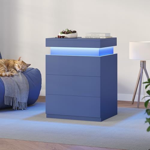 Navy Blue Modern Nightstand with LED Lights (Navy Blue)