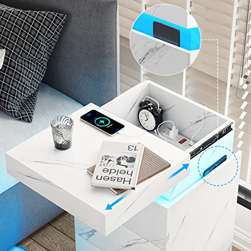 Modern Nightstand with LED Lights (White Marble)