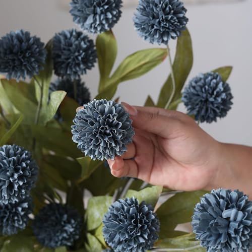 6 Pcs 27"Artificial Pompon Mum Silk Flower Stems for Vase (Dark Blue)
