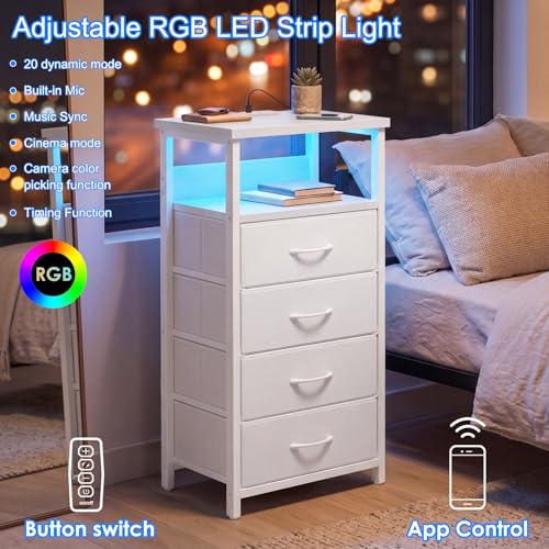 Night Stand with Charging Station (15.7"D x 11.8"W x 33.1"H (4 drawers) / Power+Light (1pc) / White)