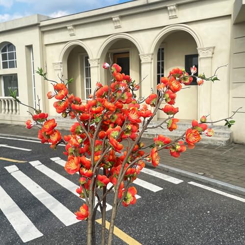 4PCS Cherry Blossom Branches Artificial Plum Blossom Fake Flowers Silk Flowers 35.4'' Artificial Flowers Long Stem Artificial Flowers for Tall Vase for Indoor Home Decoration (Orange)