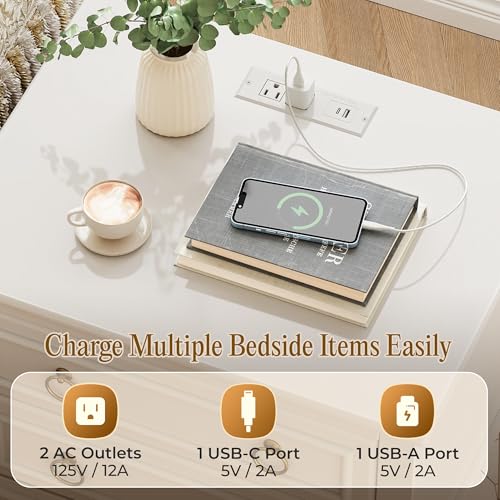 27.6 Inch Tall Nightstand with Charging Station (White)