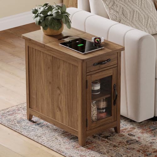 Charging End Table with USB Ports (Walnut / Glass Door)