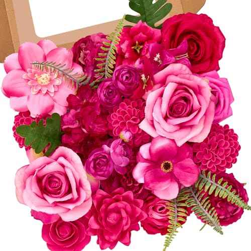 Artificial Flowers Hot Pink Magenta Fake Silk Flowers for Wedding (Hot Pink / 1 Box)