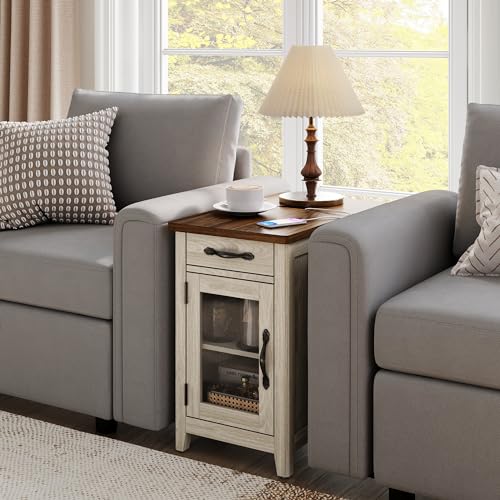 Set of 2 Charging End Tables with USB Ports (Washed Grey and Brown / Glass Door)