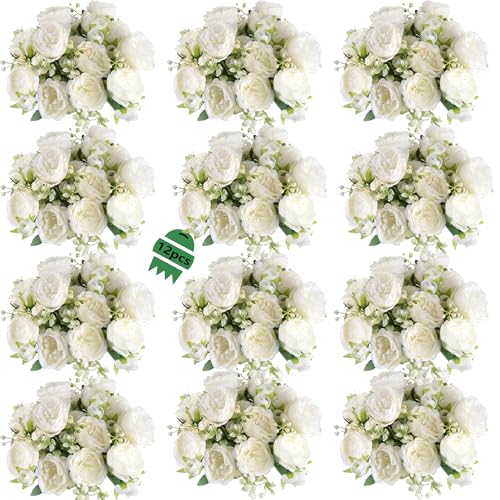 Peonies Artificial Flowers 12 Bouquets (White)