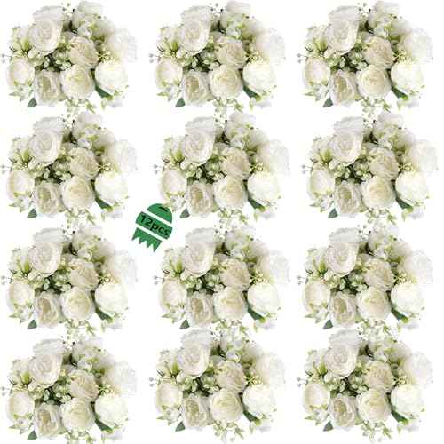Peonies Artificial Flowers 12 Bouquets (White)