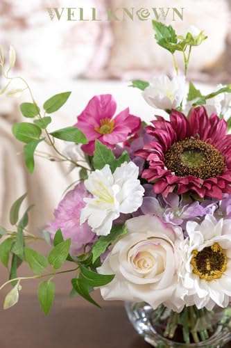 Artificial Flowers Centerpieces in Glass Vase with Fake Water (Fuchsia Plus)