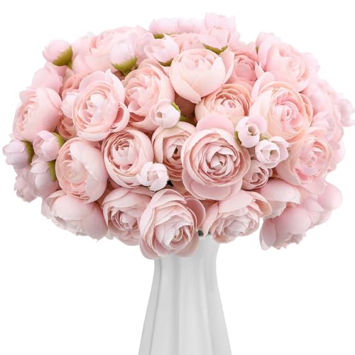 48 Pcs Ranunculus Artificial Flowers Faux Silk (Pink)