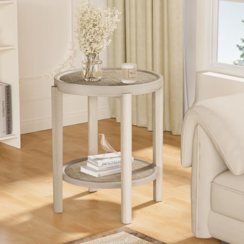Rattan Round Side Table End Table with Storage Shelf (Creamy White, Round)