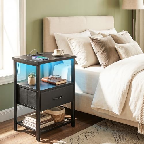 Night Stand with Charging Station (15.7"D x 11.8"W x 23.5"H (1 drawer) / Power+Light (1pc) / Black)