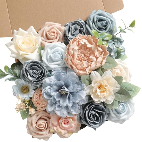 Artificial Flowers Combo Box Set for DIY Wedding Bouquets Centerpieces Arrangements Bridal Shower Party Home Decorations (Blue)
