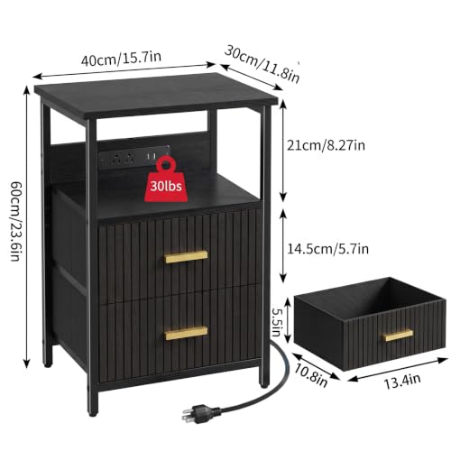 Night Stand with Charging Station (15.7"D x 11.8"W x 23.6"H (2 drawers) / Power+Light (1pc) / Black Fluted)