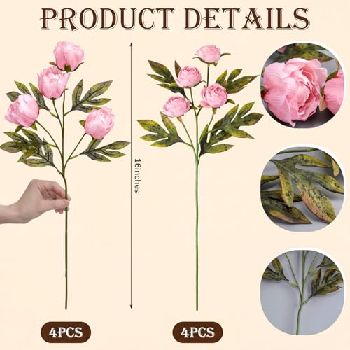 Faux Silk Peony Artificial Flowers Stem for Vase (Pink)