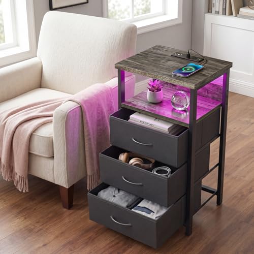 Night Stand with 3 Fabric Drawers (15.7"D x 11.8"W x 26.9"H (3 drawers) / Power+Light (1pc) / Charcoal Gray)