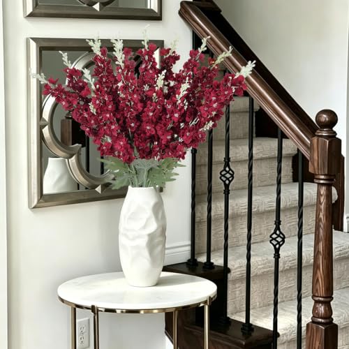 16Pcs Burgundy Delphinium Artificial Flower 33.5''Long Stem Burgundy Flower (Red)