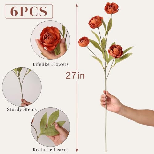 6 Pcs 27" Faux Silk Peony Artificial Fall Flowers Stems for Vase (Orange)
