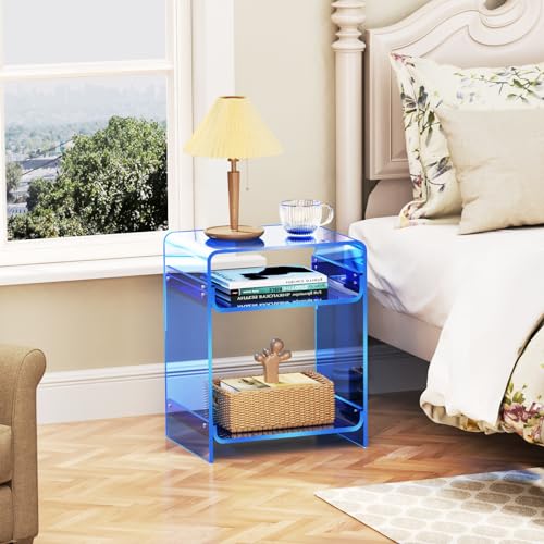 Acrylic End Table Record Player Table with Storage Shelf Clear Side Table Nightstand (Blue)