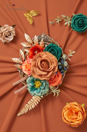 Orange and Teal Artificial Fall Flowers (A Athens Orange Teal Blue / 1 Box)