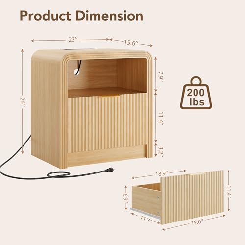 23'' Wide Fluted Nightstand with Charging Station (Oak / 1 Drawer & Open Shelf)