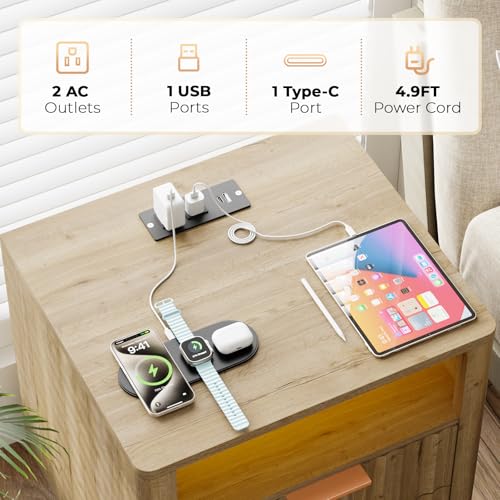 Fluted Nightstand Set of 2 with Charging Station (Oak / 2 Drawers)