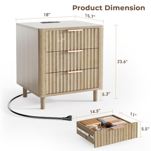Fluted Nightstand Set of 2 with Charging Station (Oak / 3 Drawers)