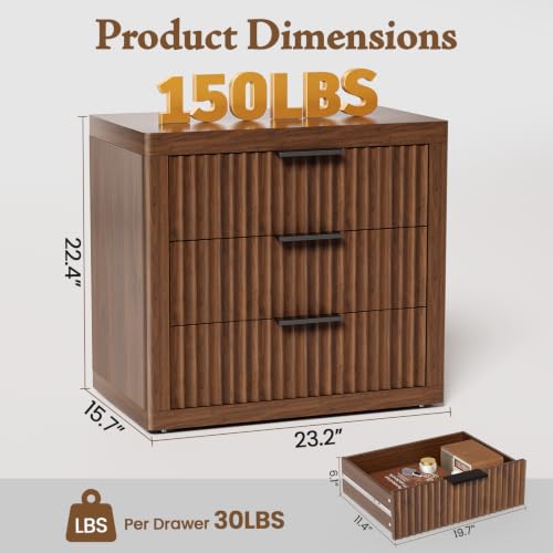 Fluted Nightstand with 3 Drawers (Walnut)
