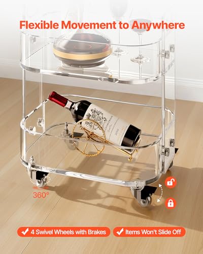 Acrylic Bar Cart with 4 Lockable Wheels (2-Tier Shelf)
