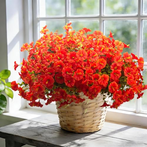 Artificial Faux Flowers for Outdoor 16 Bundles Boxwood Fake Morning Glory for Planter (Orange)