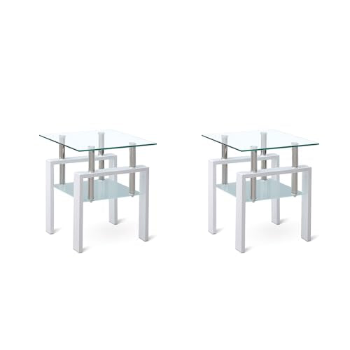 2pcs Modern Glass End Table (Clear Top With White Leg)