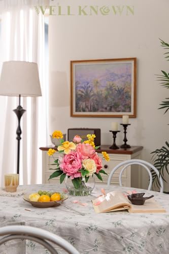 Artificial Flowers Centerpieces in Glass Vase with Fake Water (Yellow, Coral & Hot Pink)