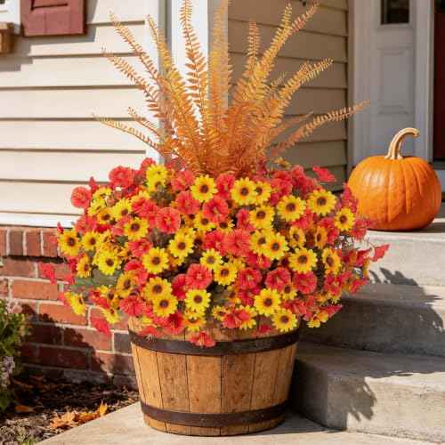 Artificial Fall Mums Flowers Fake Plants for Outdoors Decoration (3 Mixed Colors(6 Yellow,6 Orange,1 Fern))