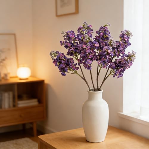 4PCS 25.6inch Lilac Artificial Flowers Deep Purple Fake Delphinium Long Stem Silk Real Touch Flower Faux Lilac Floral Arrangement for Tall Vase Table Wedding Garden Home Decoration（Deep Purple） (25.6inch Deep Purple / 4 Pcs)