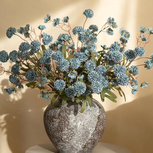 8 Pcs Fake Mums Kiku Flowers Artificial with Wild Flowers Bulk (8pcs-blue Wax&kiku)