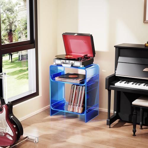 Acrylic Record Player Table with Storage Shelf (Blue / Large)