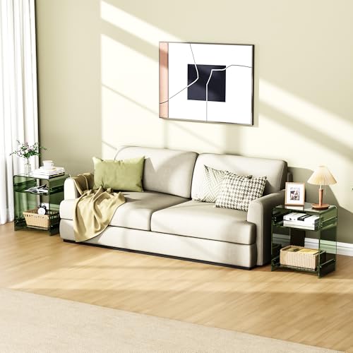 Acrylic End Table Record Player Table with Storage Shelf Clear Side Table Nightstand (Green Set of 2)
