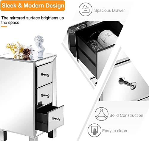 3 Drawer Mirrored Nightstand Set of 2 (2 Packs / Assembly: Knobs Only / Actual Glass Mirror Finish)