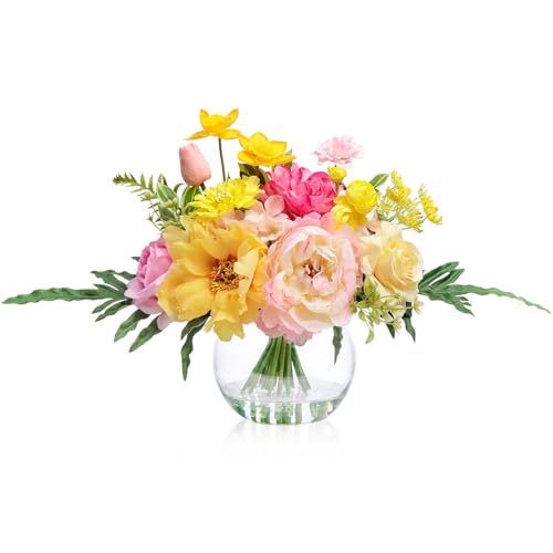 Artificial Flowers Centerpieces in Glass Vase with Fake Water (Yellow & Hot Pink Plus)