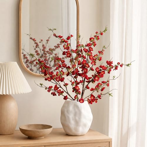 Artificial Cherry Blossom Branches Fake Plum Blossom 35.4''Fake Flowers Cherry Blossoms Faux Flowers Long Stem Artificial Flowers for Tall Vase for Indoor Home Decoration (Red)