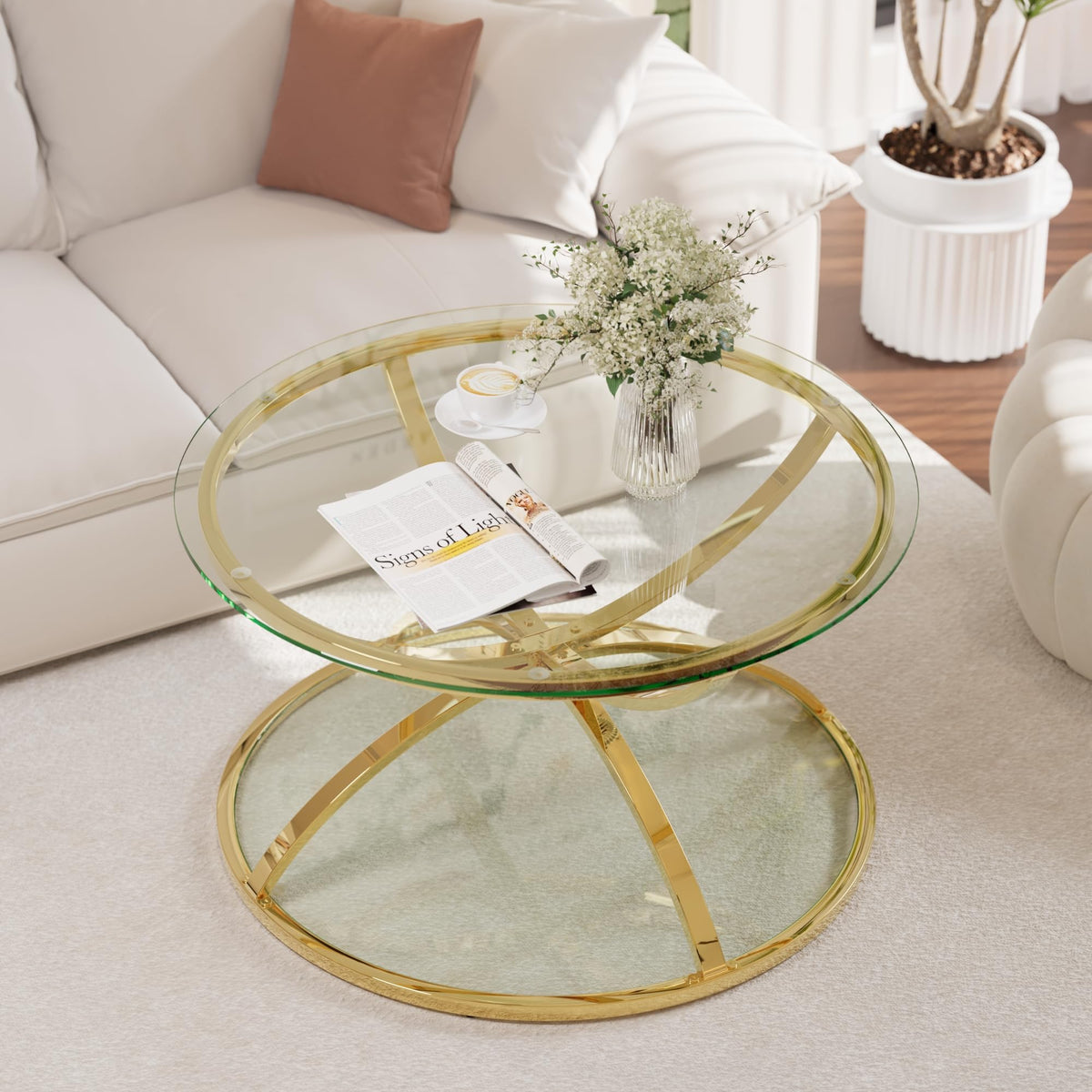 2Pcs Round Glass Coffee Table and End Table Sets with 2 Tiers (Medium / Golden)
